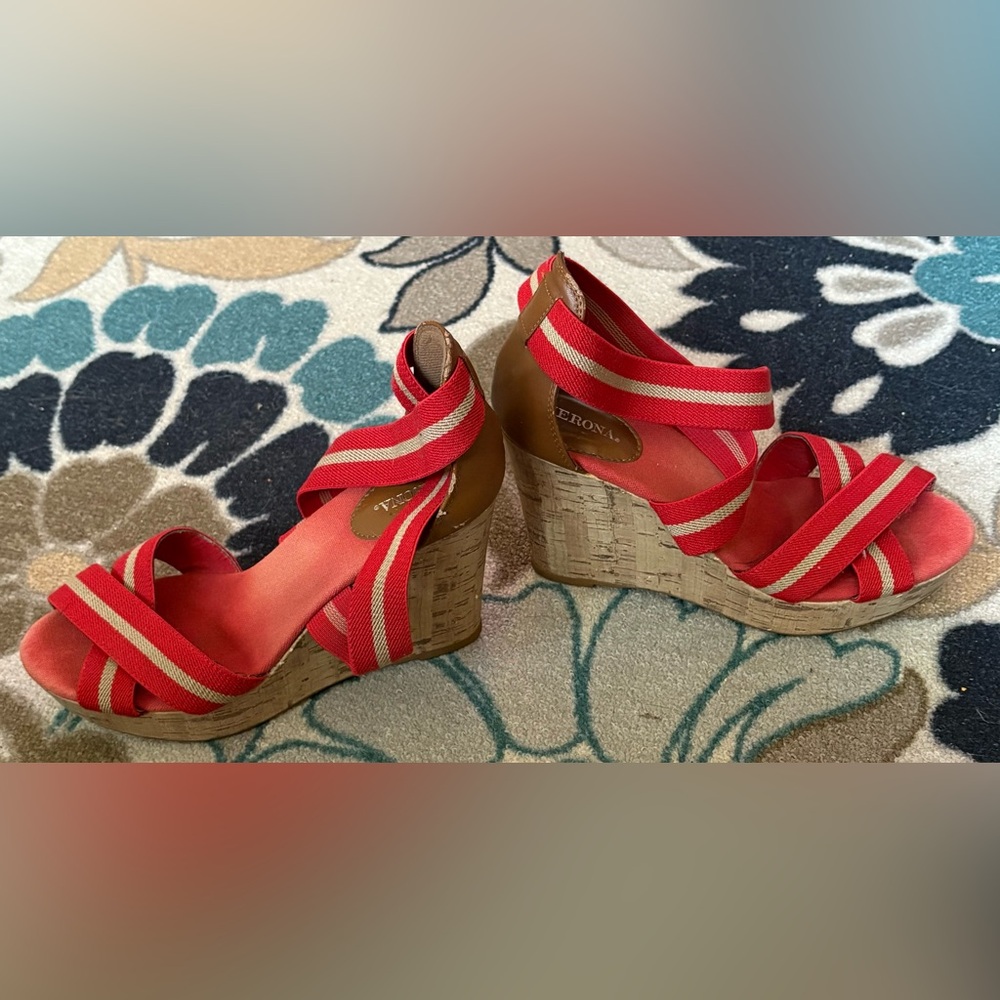 Red Striped Wedge Sandals - Picture 4 of 5